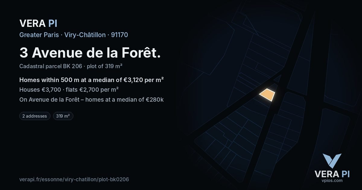 3 Avenue de la Forêt, Viry-Châtillon at night – the plot lit, the parcels around coloured by the prices near them
