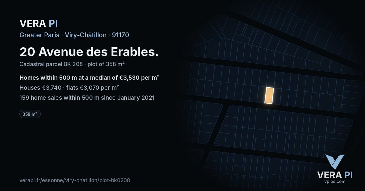 20 Avenue des Erables, Viry-Châtillon at night – the plot lit, the parcels around coloured by the prices near them