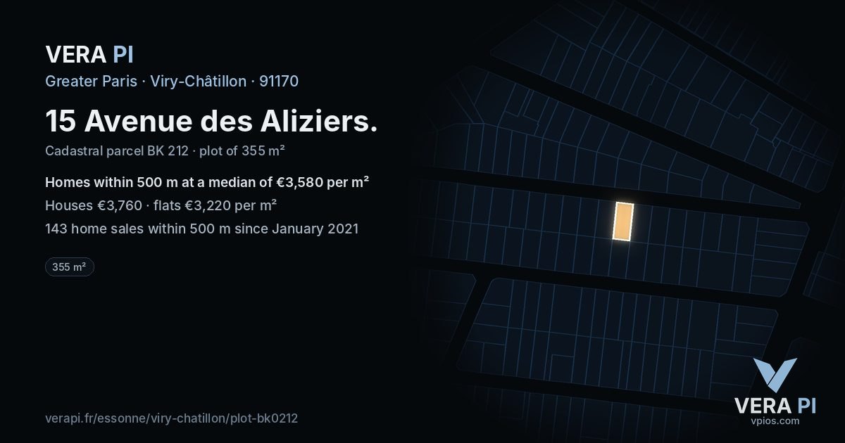 15 Avenue des Aliziers, Viry-Châtillon at night – the plot lit, the parcels around coloured by the prices near them