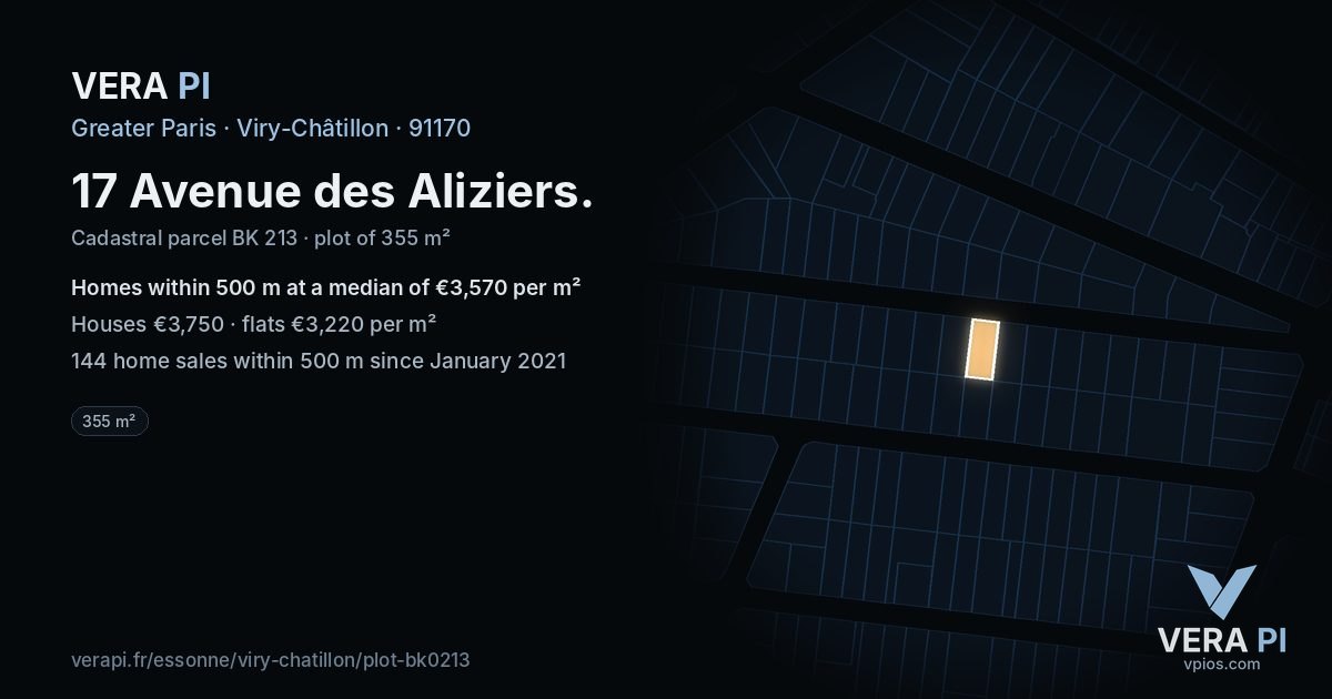 17 Avenue des Aliziers, Viry-Châtillon at night – the plot lit, the parcels around coloured by the prices near them