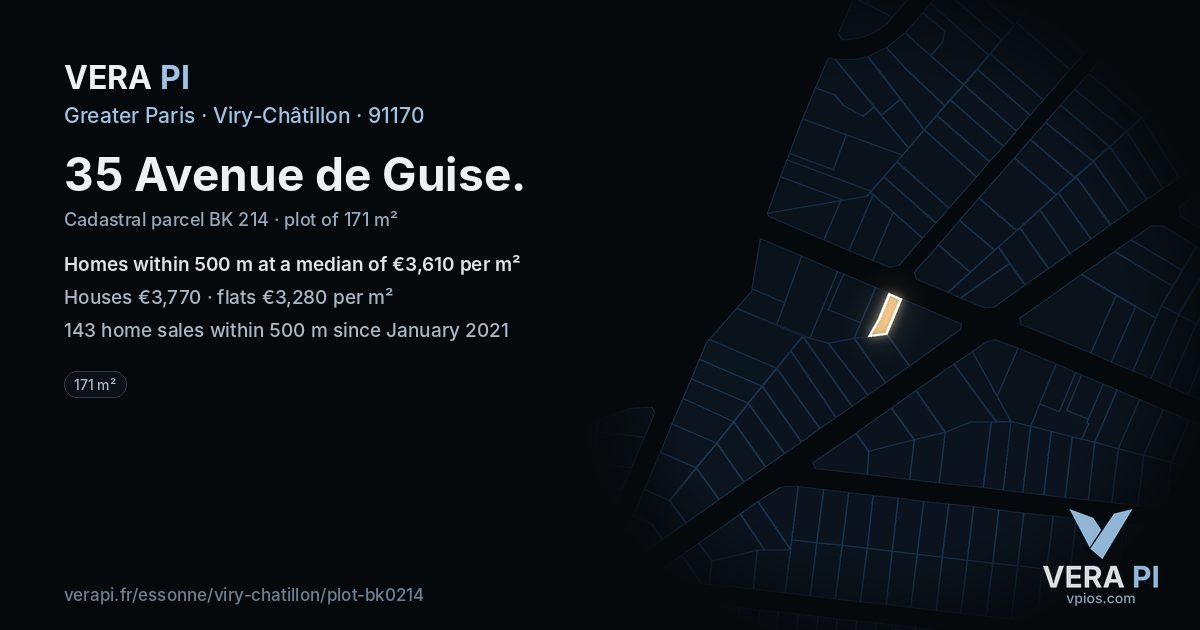 35 Avenue de Guise, Viry-Châtillon at night – the plot lit, the parcels around coloured by the prices near them