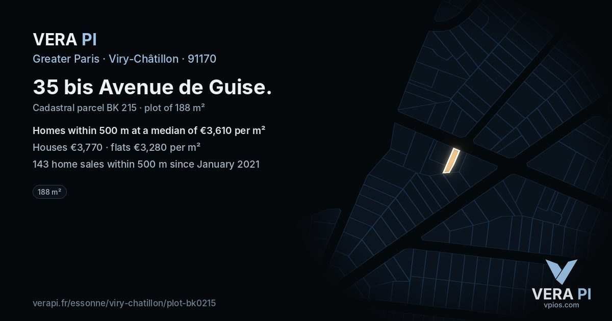35 bis Avenue de Guise, Viry-Châtillon at night – the plot lit, the parcels around coloured by the prices near them