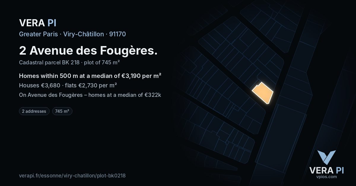 2 Avenue des Fougères, Viry-Châtillon at night – the plot lit, the parcels around coloured by the prices near them