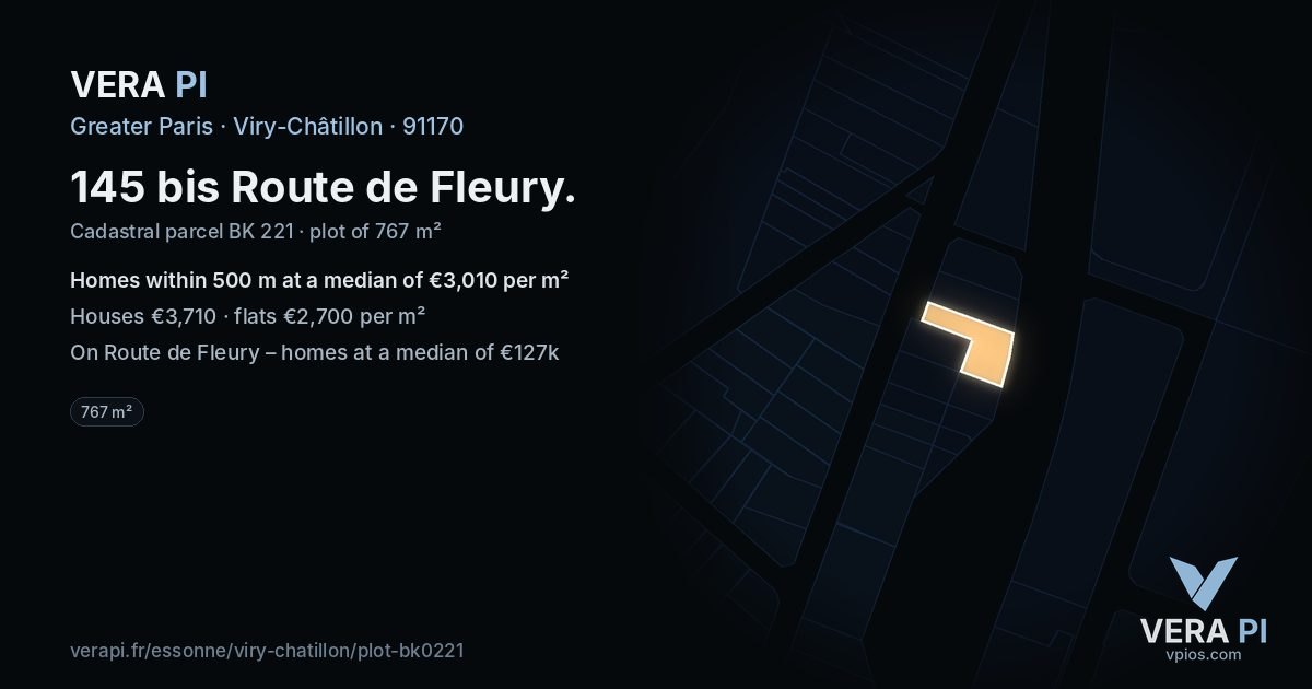 145 bis Route de Fleury, Viry-Châtillon at night – the plot lit, the parcels around coloured by the prices near them