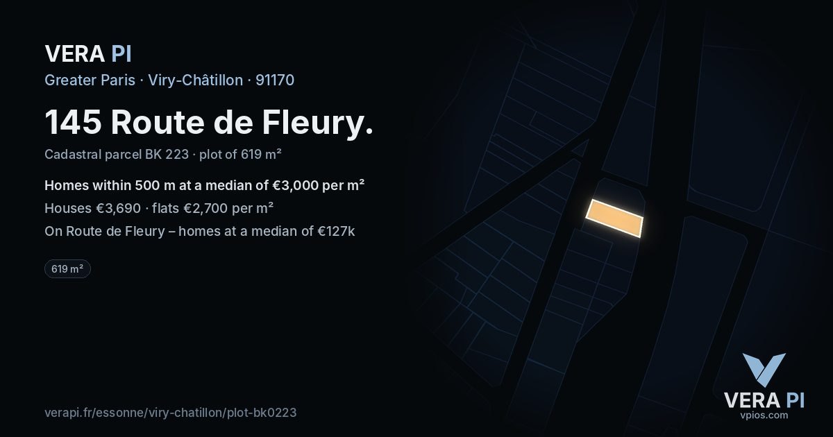 145 Route de Fleury, Viry-Châtillon at night – the plot lit, the parcels around coloured by the prices near them