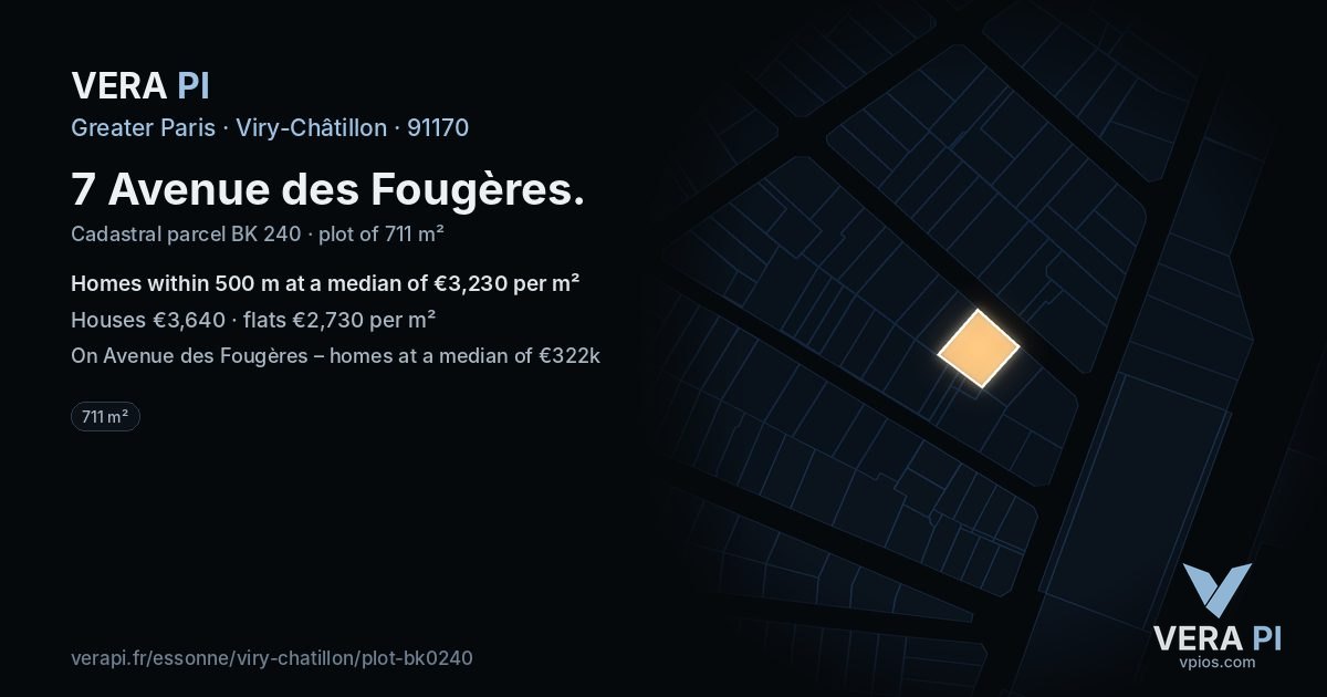 7 Avenue des Fougères, Viry-Châtillon at night – the plot lit, the parcels around coloured by the prices near them