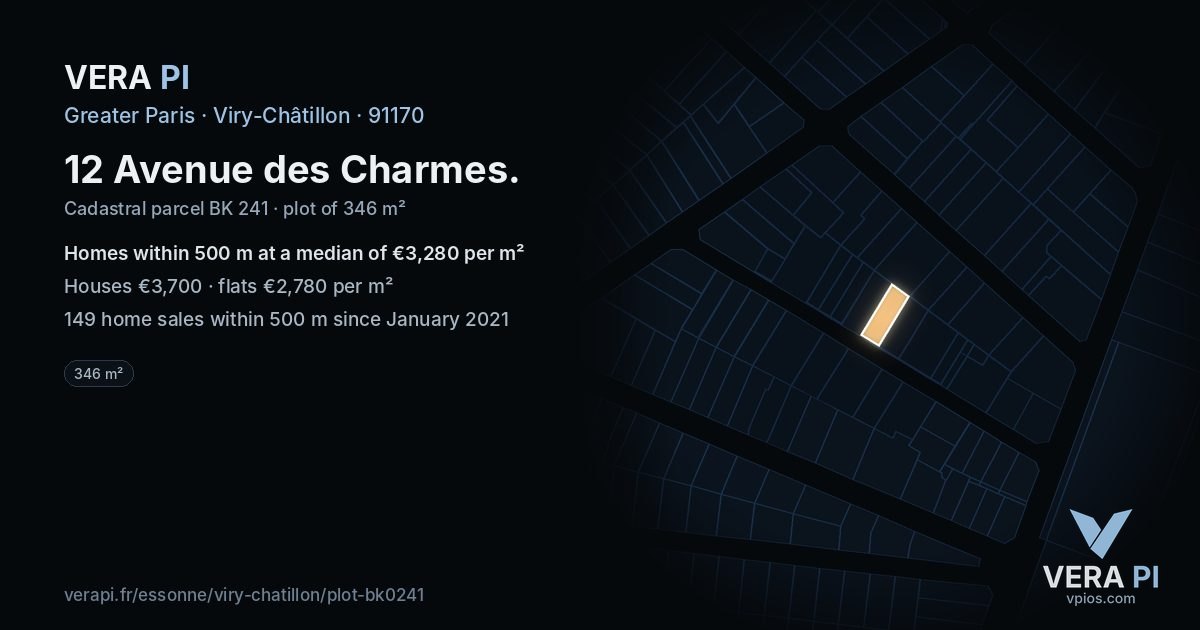 12 Avenue des Charmes, Viry-Châtillon at night – the plot lit, the parcels around coloured by the prices near them