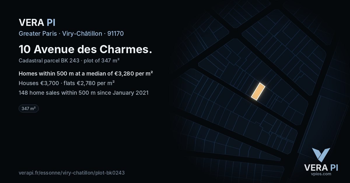 10 Avenue des Charmes, Viry-Châtillon at night – the plot lit, the parcels around coloured by the prices near them