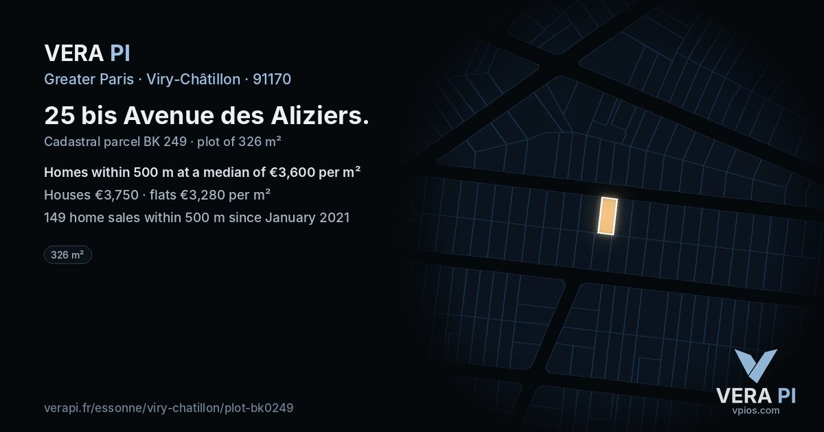25 bis Avenue des Aliziers, Viry-Châtillon at night – the plot lit, the parcels around coloured by the prices near them