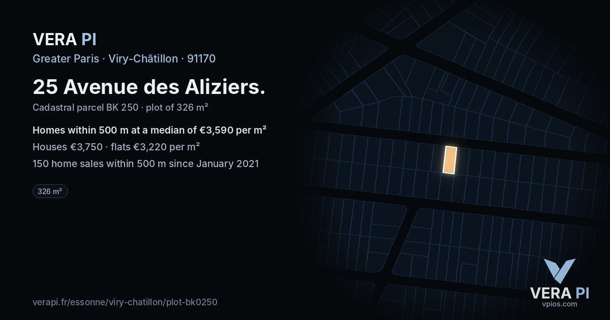 25 Avenue des Aliziers, Viry-Châtillon at night – the plot lit, the parcels around coloured by the prices near them