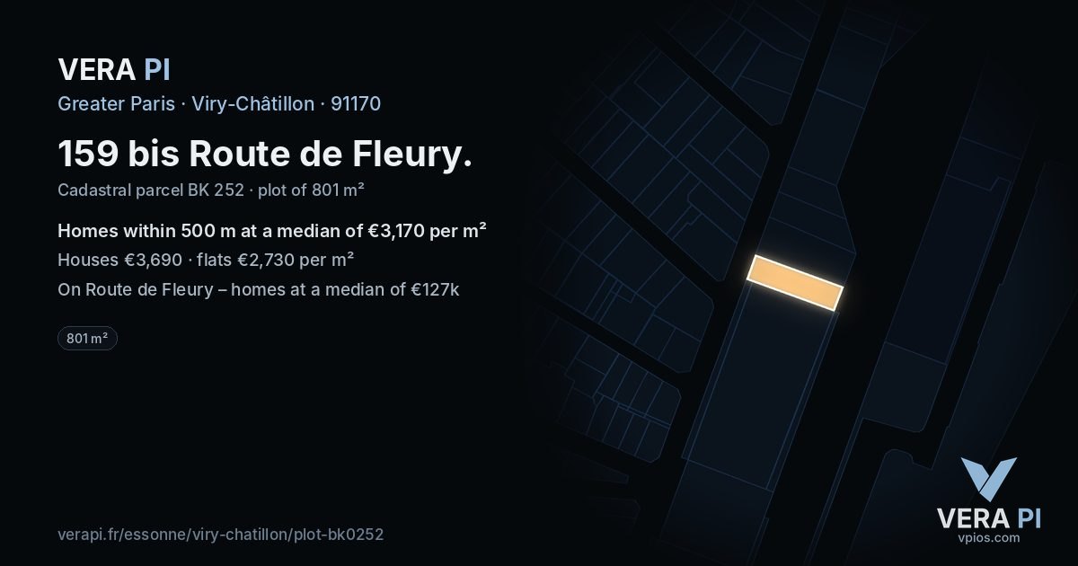 159 bis Route de Fleury, Viry-Châtillon at night – the plot lit, the parcels around coloured by the prices near them