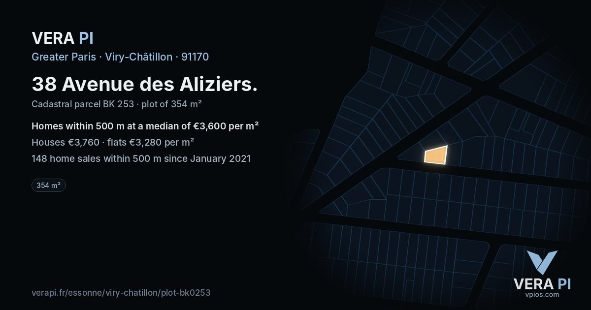 38 Avenue des Aliziers, Viry-Châtillon at night – the plot lit, the parcels around coloured by the prices near them
