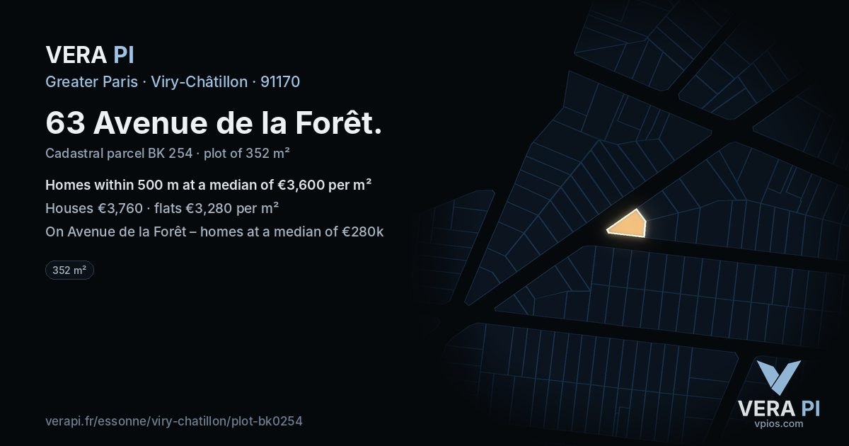 63 Avenue de la Forêt, Viry-Châtillon at night – the plot lit, the parcels around coloured by the prices near them