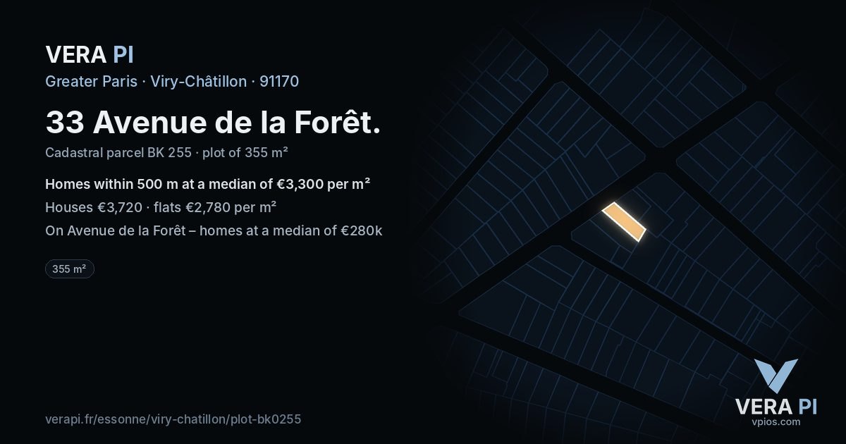 33 Avenue de la Forêt, Viry-Châtillon at night – the plot lit, the parcels around coloured by the prices near them