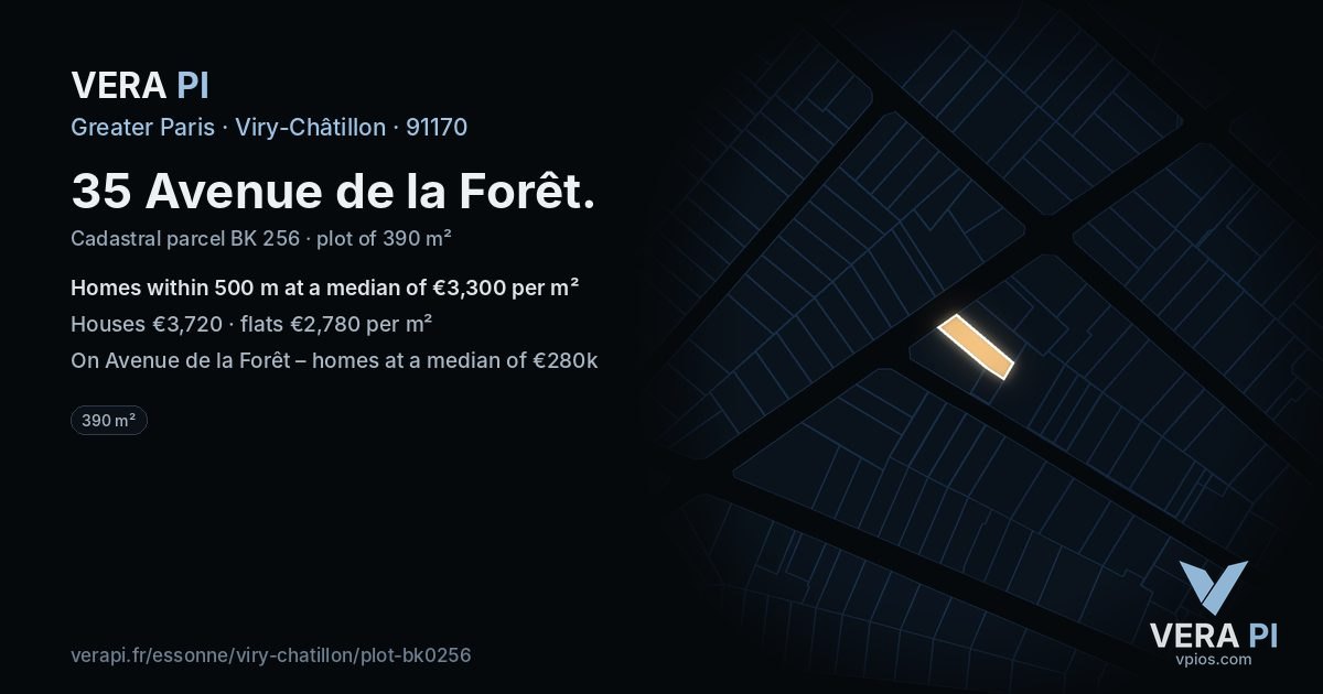 35 Avenue de la Forêt, Viry-Châtillon at night – the plot lit, the parcels around coloured by the prices near them