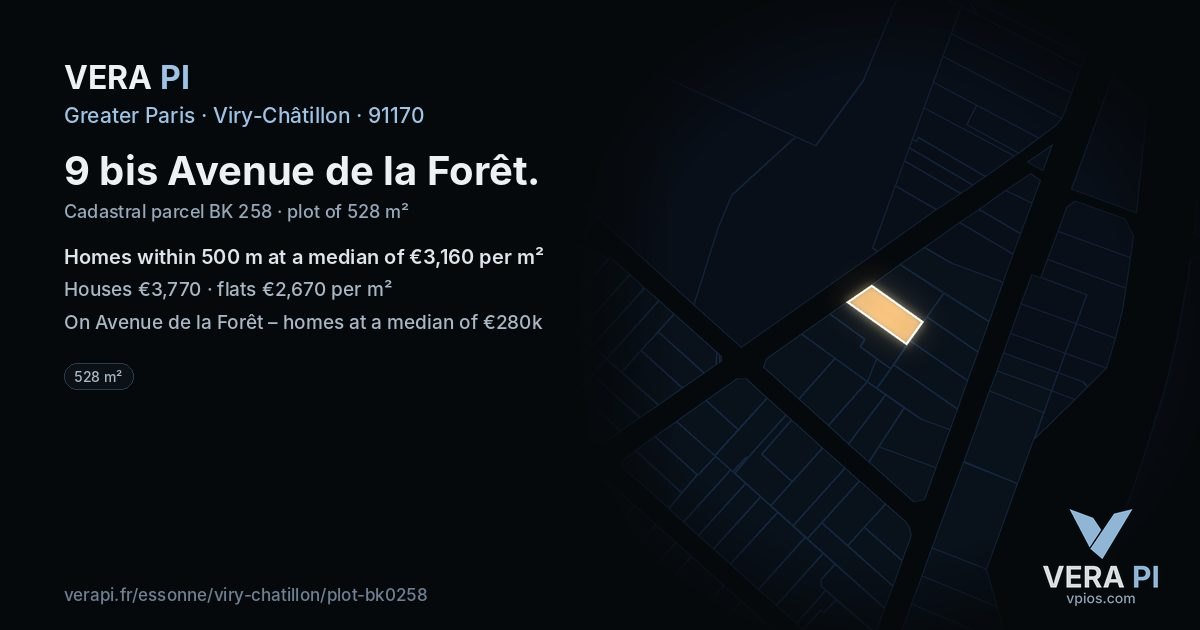 9 bis Avenue de la Forêt, Viry-Châtillon at night – the plot lit, the parcels around coloured by the prices near them