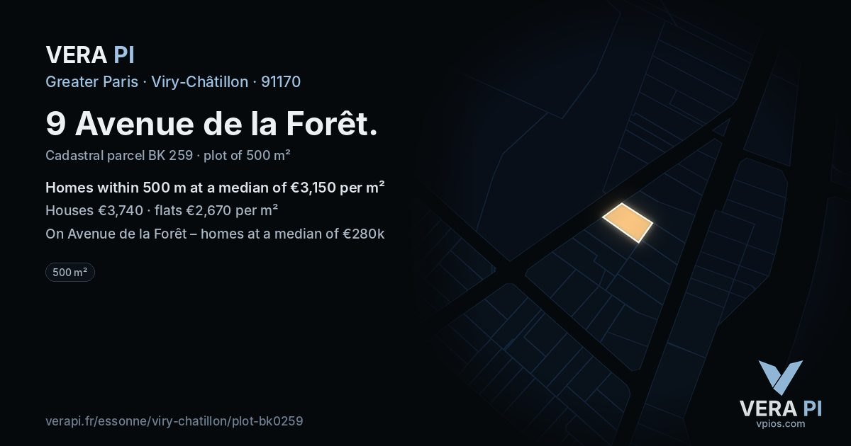 9 Avenue de la Forêt, Viry-Châtillon at night – the plot lit, the parcels around coloured by the prices near them
