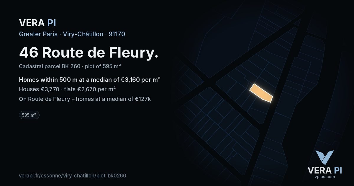 46 Route de Fleury, Viry-Châtillon at night – the plot lit, the parcels around coloured by the prices near them