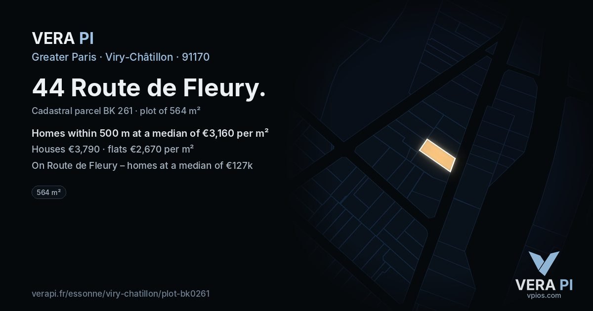 44 Route de Fleury, Viry-Châtillon at night – the plot lit, the parcels around coloured by the prices near them