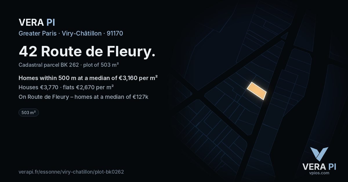 42 Route de Fleury, Viry-Châtillon at night – the plot lit, the parcels around coloured by the prices near them