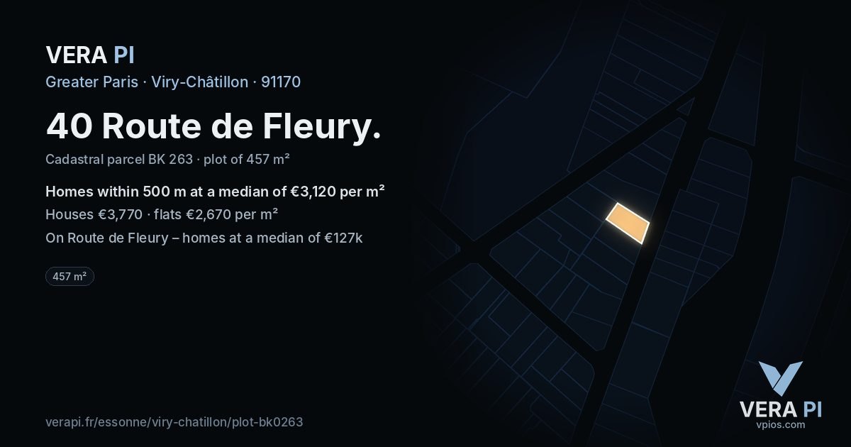 40 Route de Fleury, Viry-Châtillon at night – the plot lit, the parcels around coloured by the prices near them