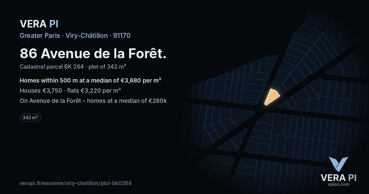 86 Avenue de la Forêt, Viry-Châtillon at night – the plot lit, the parcels around coloured by the prices near them