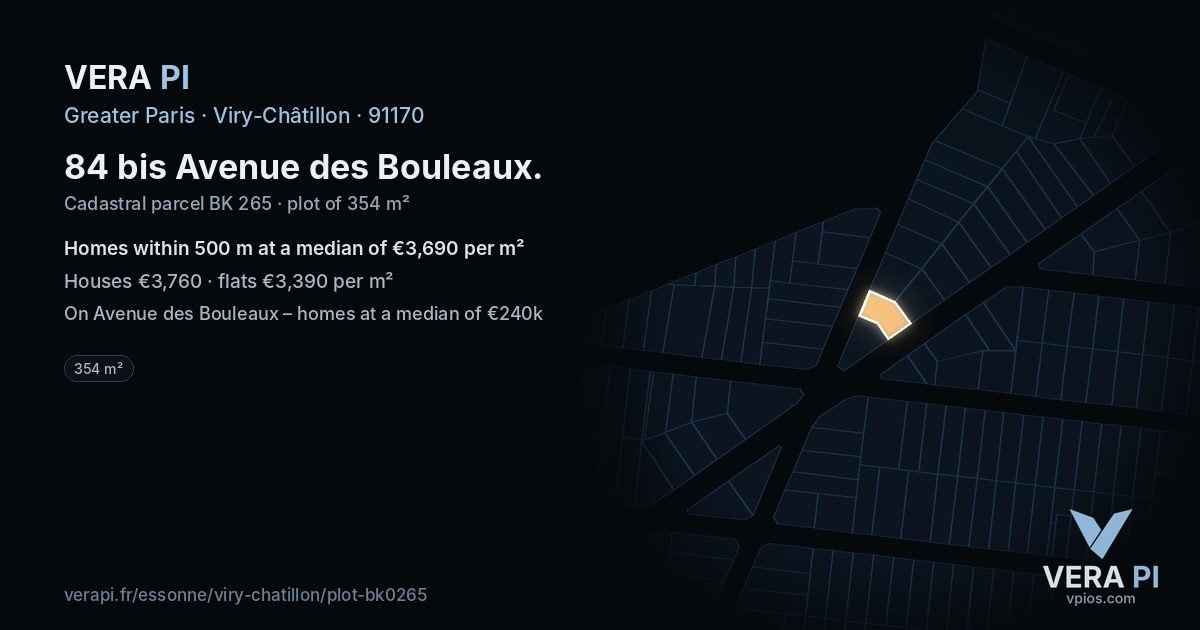 84 bis Avenue des Bouleaux, Viry-Châtillon at night – the plot lit, the parcels around coloured by the prices near them