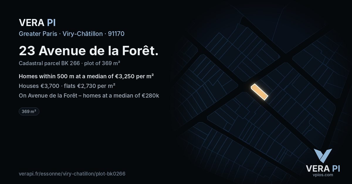 23 Avenue de la Forêt, Viry-Châtillon at night – the plot lit, the parcels around coloured by the prices near them