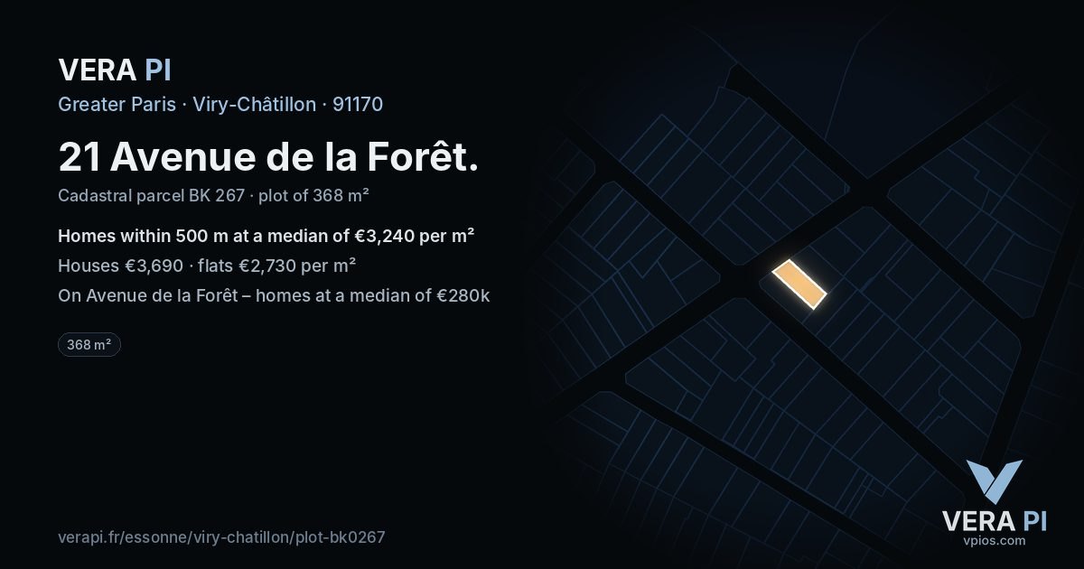 21 Avenue de la Forêt, Viry-Châtillon at night – the plot lit, the parcels around coloured by the prices near them