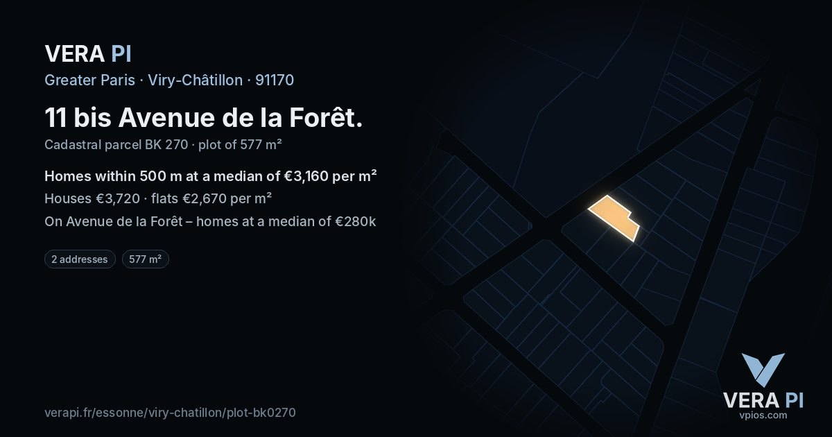 11 bis Avenue de la Forêt, Viry-Châtillon at night – the plot lit, the parcels around coloured by the prices near them