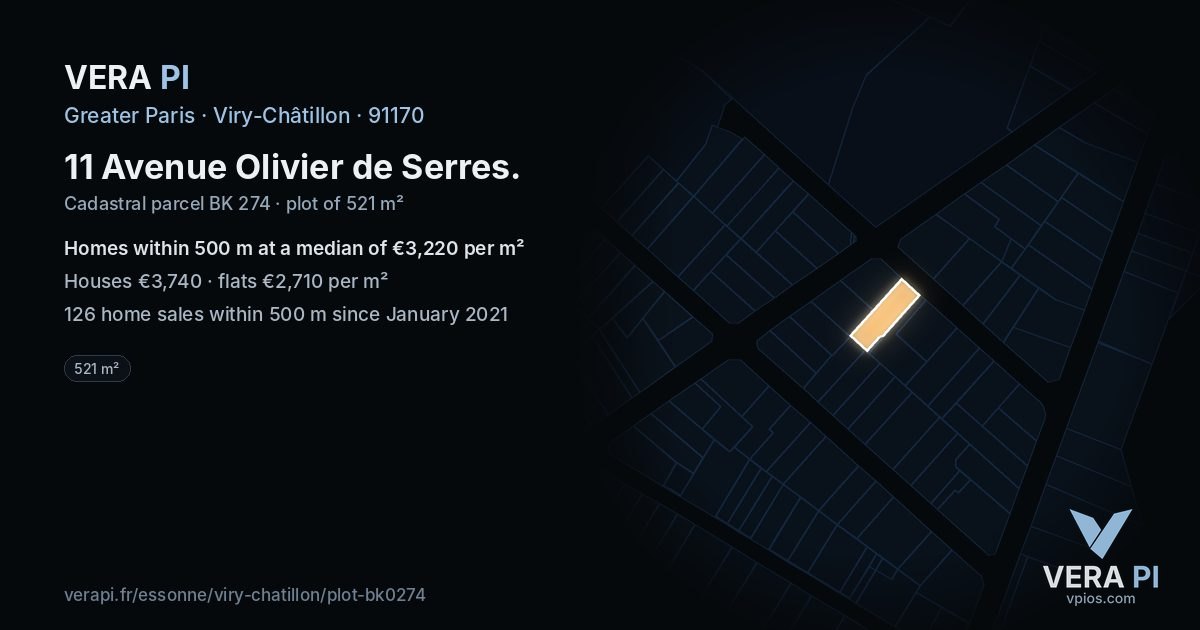 11 Avenue Olivier de Serres, Viry-Châtillon at night – the plot lit, the parcels around coloured by the prices near them