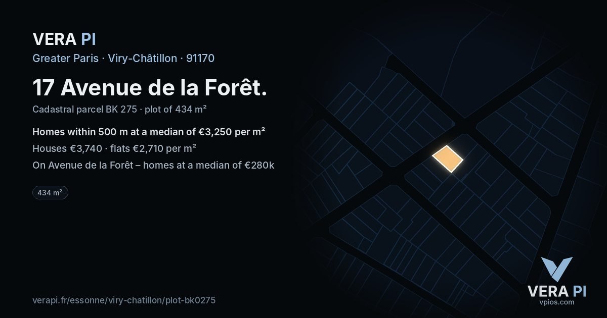 17 Avenue de la Forêt, Viry-Châtillon at night – the plot lit, the parcels around coloured by the prices near them