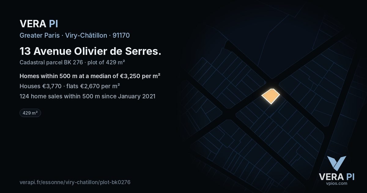 13 Avenue Olivier de Serres, Viry-Châtillon at night – the plot lit, the parcels around coloured by the prices near them