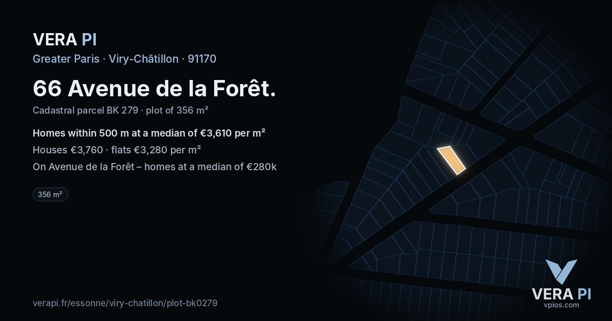 66 Avenue de la Forêt, Viry-Châtillon at night – the plot lit, the parcels around coloured by the prices near them