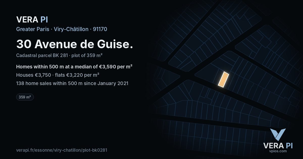 30 Avenue de Guise, Viry-Châtillon at night – the plot lit, the parcels around coloured by the prices near them