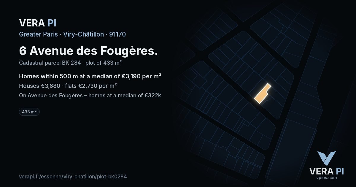6 Avenue des Fougères, Viry-Châtillon at night – the plot lit, the parcels around coloured by the prices near them