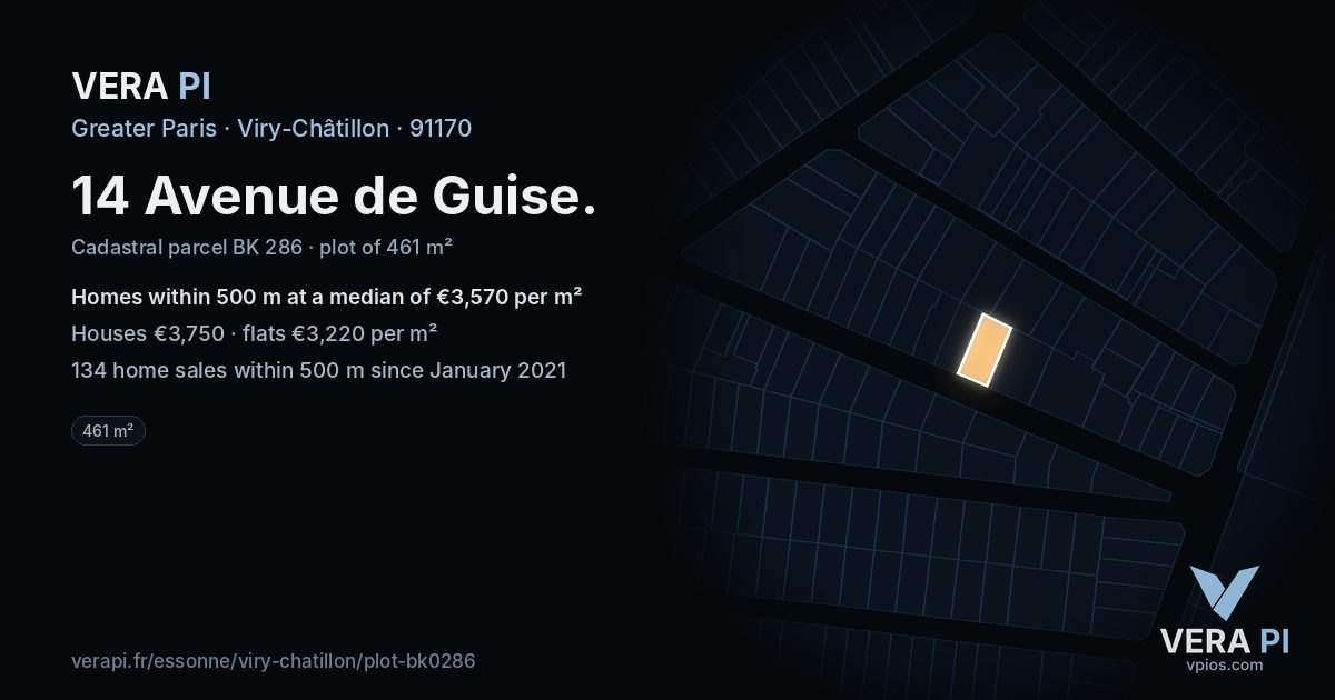 14 Avenue de Guise, Viry-Châtillon at night – the plot lit, the parcels around coloured by the prices near them