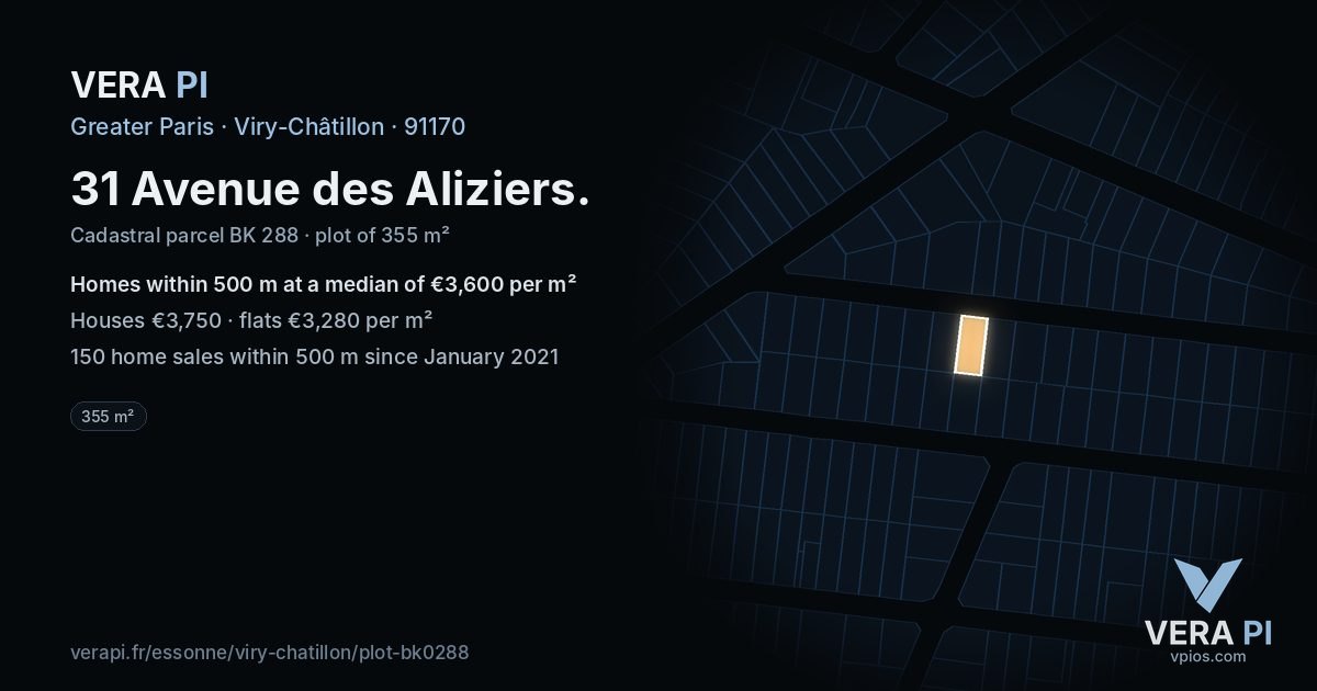 31 Avenue des Aliziers, Viry-Châtillon at night – the plot lit, the parcels around coloured by the prices near them