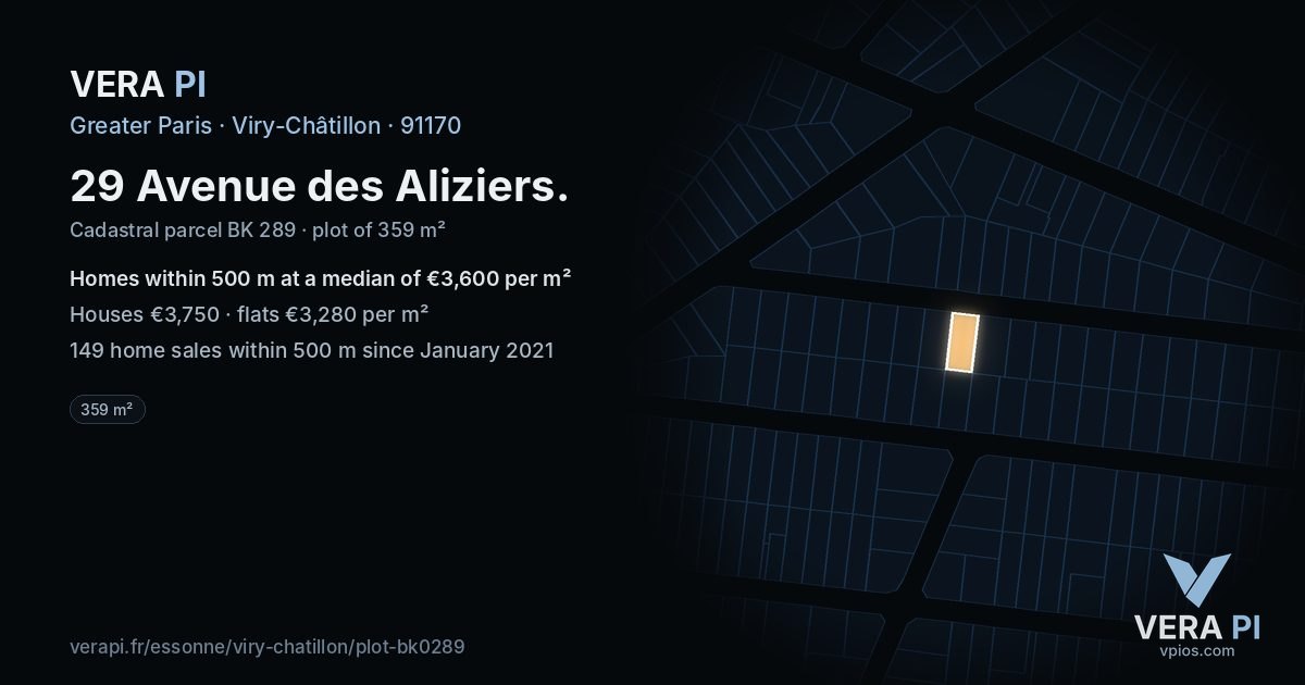 29 Avenue des Aliziers, Viry-Châtillon at night – the plot lit, the parcels around coloured by the prices near them
