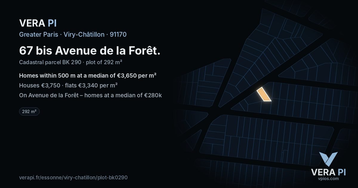 67 bis Avenue de la Forêt, Viry-Châtillon at night – the plot lit, the parcels around coloured by the prices near them