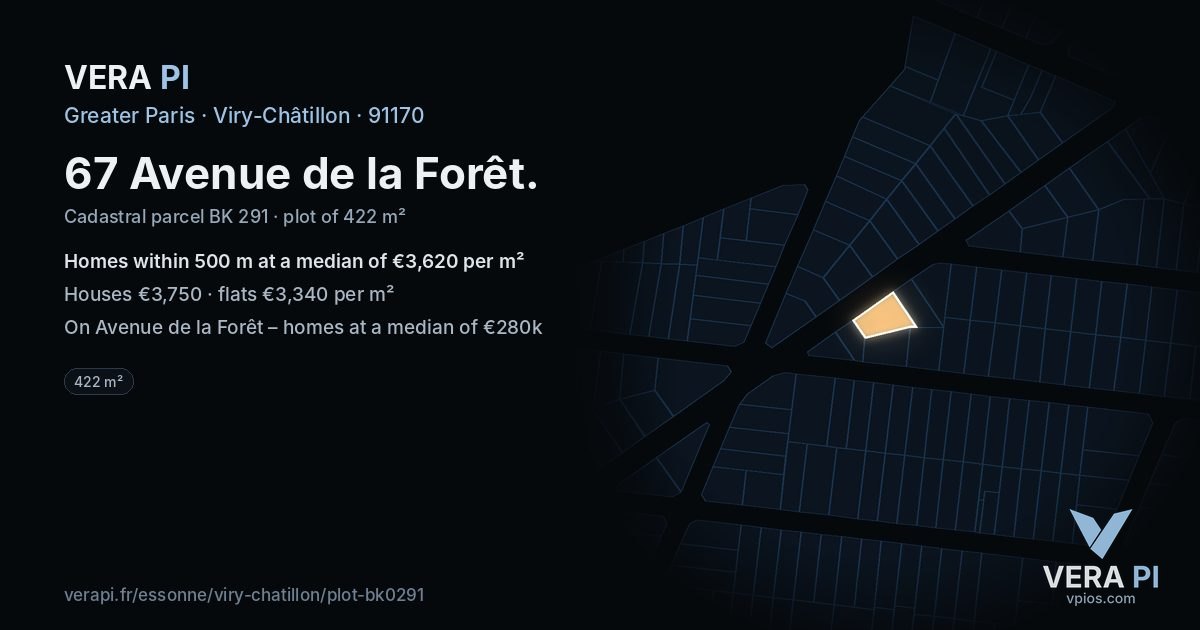67 Avenue de la Forêt, Viry-Châtillon at night – the plot lit, the parcels around coloured by the prices near them