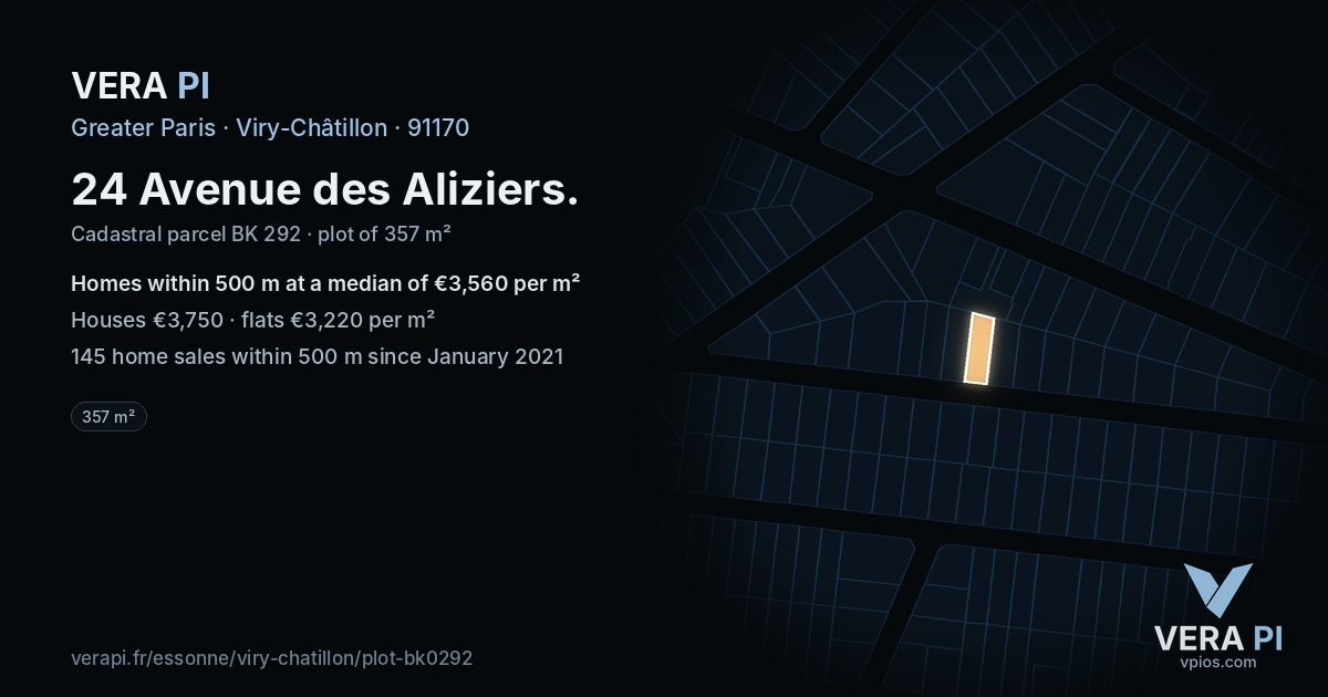 24 Avenue des Aliziers, Viry-Châtillon at night – the plot lit, the parcels around coloured by the prices near them