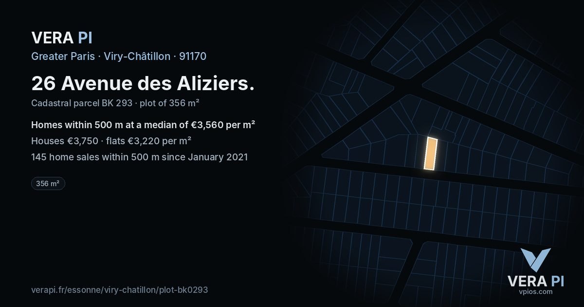 26 Avenue des Aliziers, Viry-Châtillon at night – the plot lit, the parcels around coloured by the prices near them