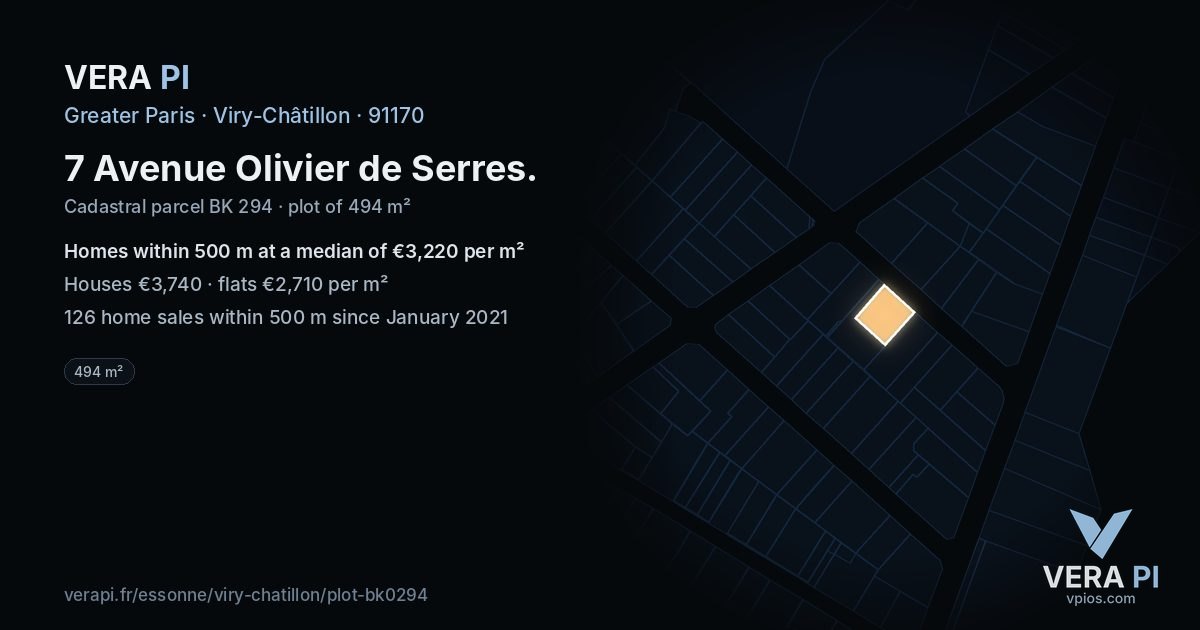 7 Avenue Olivier de Serres, Viry-Châtillon at night – the plot lit, the parcels around coloured by the prices near them