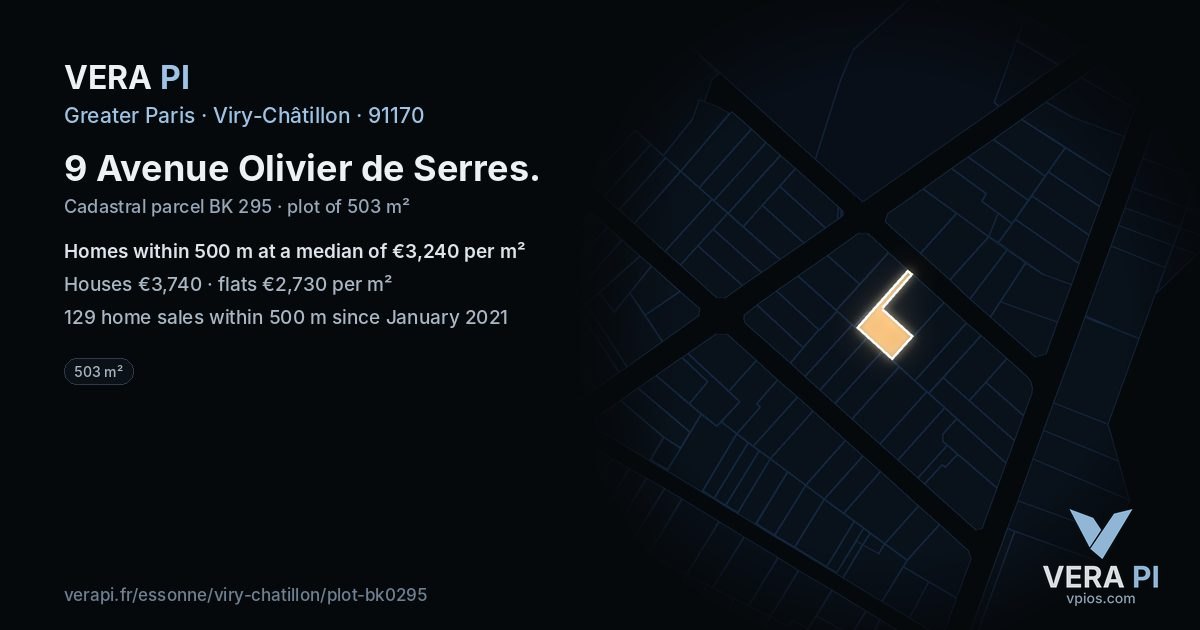 9 Avenue Olivier de Serres, Viry-Châtillon at night – the plot lit, the parcels around coloured by the prices near them