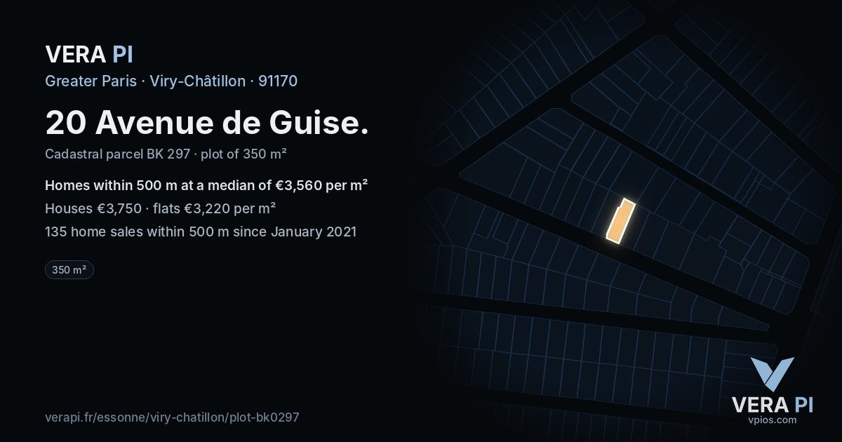 20 Avenue de Guise, Viry-Châtillon at night – the plot lit, the parcels around coloured by the prices near them