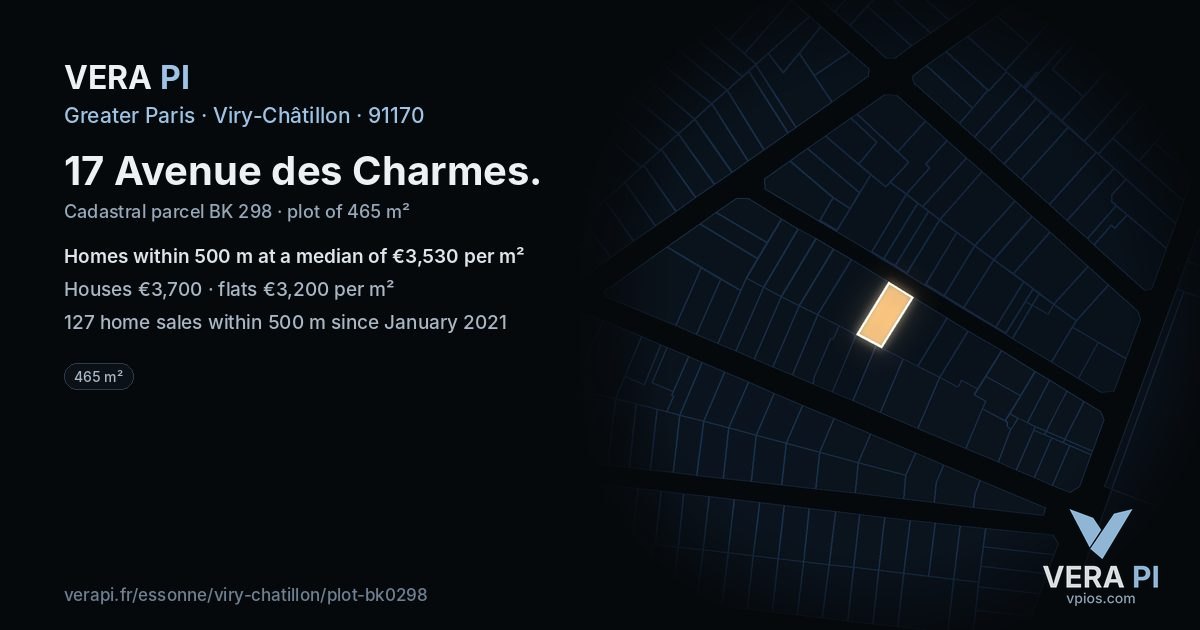 17 Avenue des Charmes, Viry-Châtillon at night – the plot lit, the parcels around coloured by the prices near them