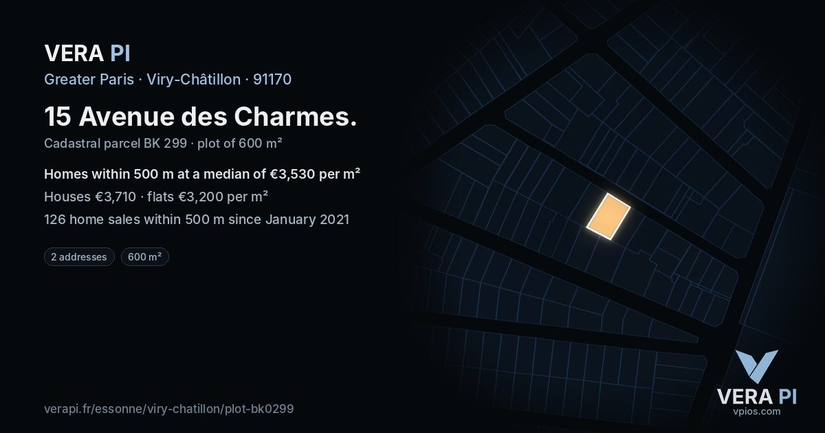 15 Avenue des Charmes, Viry-Châtillon at night – the plot lit, the parcels around coloured by the prices near them