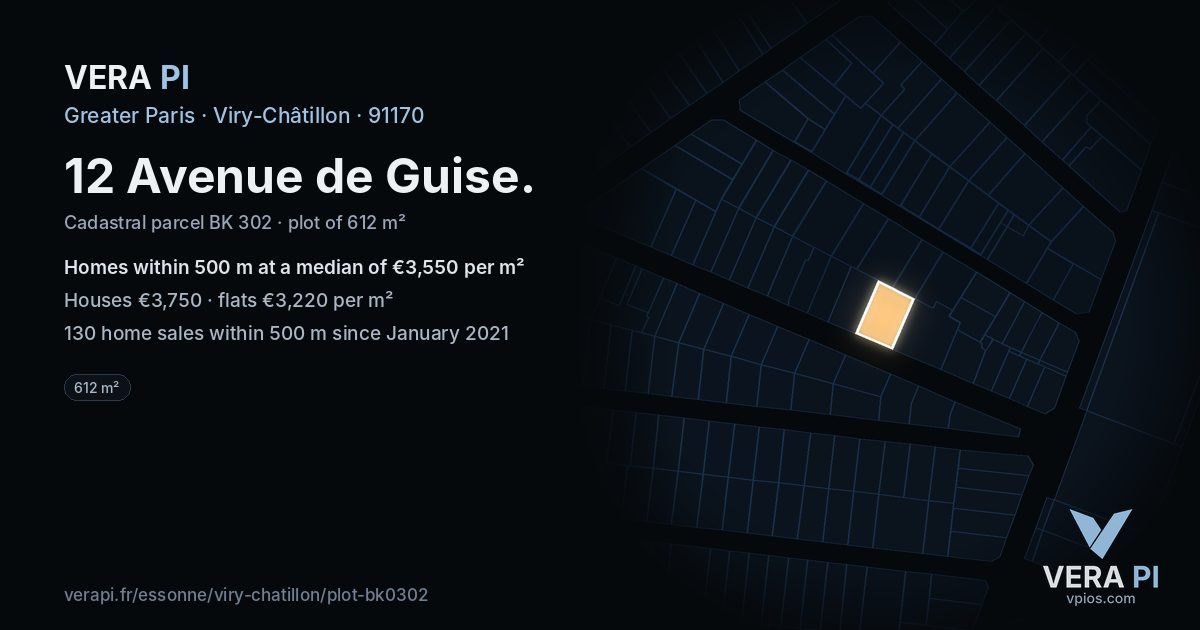12 Avenue de Guise, Viry-Châtillon at night – the plot lit, the parcels around coloured by the prices near them