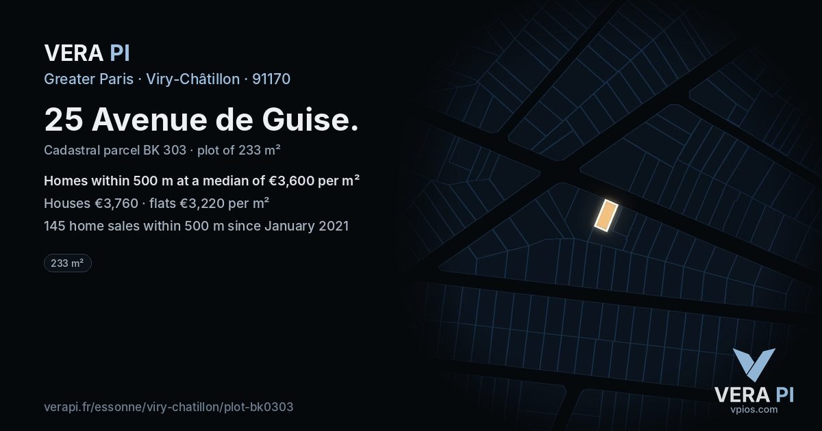 25 Avenue de Guise, Viry-Châtillon at night – the plot lit, the parcels around coloured by the prices near them
